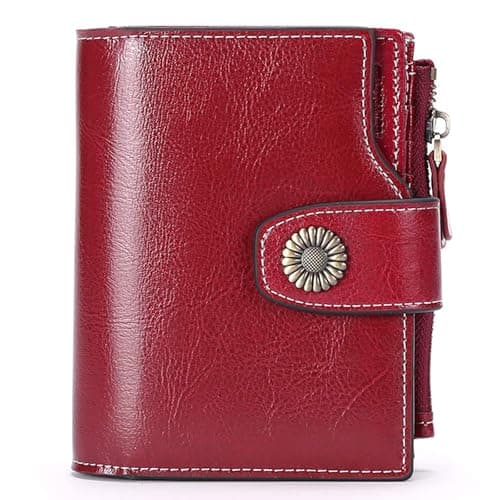 Image of SENDEFN Small Women Wallet Genuine Leather RFID Blocking Bifold Small Purse with Zipper Pocket Wine Red