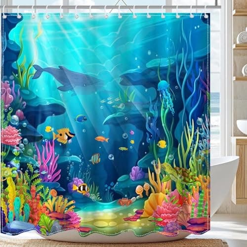 Image of Avezano Ocean Shower Curtain Underwater World Kids Bathroom Shower Curtain Summer Sea Fish Waterproof Fabric Shower Curtains Bathtub Decor with 12 Hooks 72 X 72 Inches