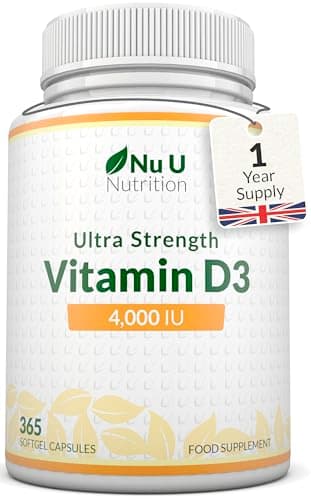 Image of Nu U Nutrition - Vitamin D 4000IU - 365 Softgel Capsules not Tablets - 1 Year Supply - Quadruple Strength - Easy to Swallow - Cholecalciferol Form Vitamin D3 Supplement - Made in the UK