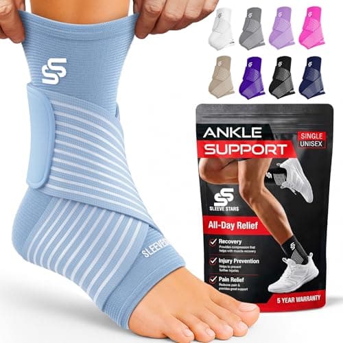 Image of Sleeve Stars Ankle Brace for Women & Men, Ankle Wrap for Sprained Ankle, Compression Sleeve for Plantar Fasciitis Relief, Easy Customizable Support: w/Removable Strap (Single/S:9"-10"/Light Blue)