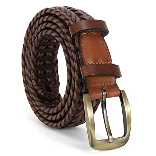 Image of JASGOOD Men's Braided Leather Belt Braided Woven Belt for Men Casual Jeans with Solid Strap Single Prong Buckle (C-Brown,Suit for Pant Size 32-37 inch)