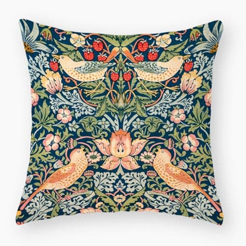 Image of William Morris Cushion Covers Vintage Strawberry Thief 45x45cm, Floral Cushion Covers Double Sided for Sofa Bed Decor, William Morris Cushions Indoor Outdoor Throw Pillow Case Gift