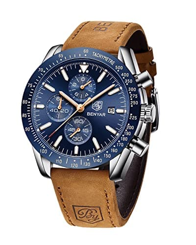 Image of BENYAR Men's Waterproof Analog Quartz Chronograph Luminous Date Large Dial Classic Business Fashion Watches Stainless Steel Leather Strap Elegant Gift for Men, Brown Blue, Classic