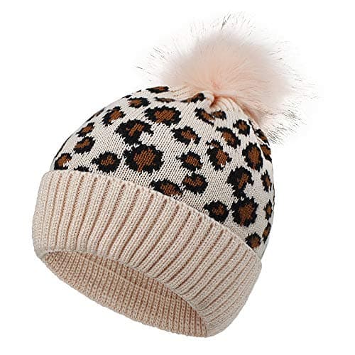 Image of Leopard Women Pom Pom Knitted Beanie Hat Winter Warm Cap Bobble Hat (Pink)