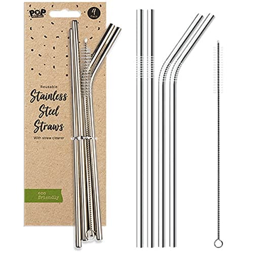 Image of 4 x Metal Stainless Steel Reusable Drinking Straws Eco Friendly + Cleaning Brush Party Summer Use Birthday Smoothie Milk Shake Water Juice Silver Bent & Straight Straws UK Free P&P