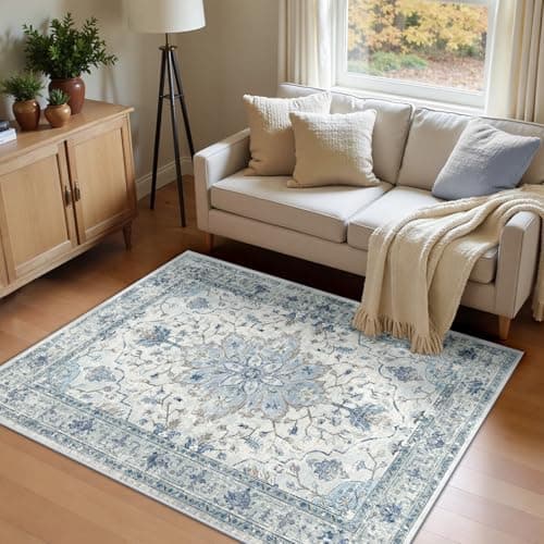 Image of INOVADAY Machine Washable Rugs 120x180 cm Vintage Area Rug Low Pile Anti-Slip Carpet with Print Pattern for Living Room Bedroom Home Office Indoor Blue/Grey