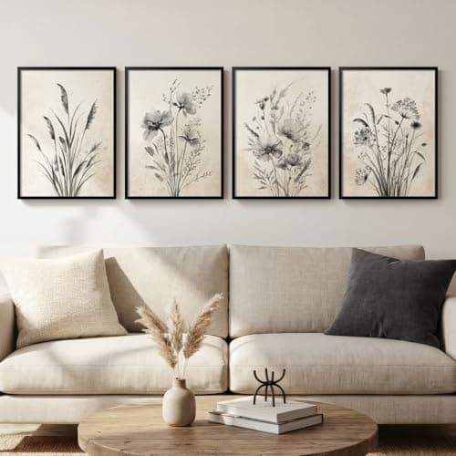 Image of Framed Vintage Botanical Wall Art, 4 Piece Neutral Rustic Boho Floral Canvas Painting Prints for Modern Farmhouse, Black and White Flower Pictures for Living Room Bedroom Dining Room Wall Decor, 12x16
