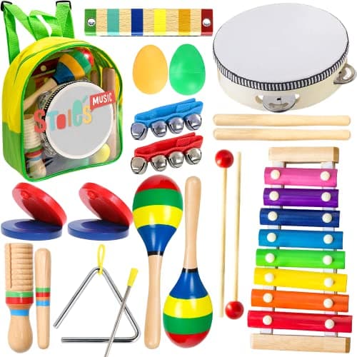 Image of 18 pcs Musical Instruments Set for Toddler and preschool Kids – Stoie's Music toy - Wooden Percussion Toys for boys and girls includes Xylophone - Promotes Early Development and Educational Learning.