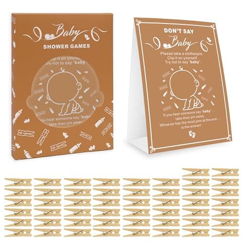 Image of Amzsudy Don't Say It Game, Gender Neutral Shower Games Supplies for Boys Girls, No Prep Needed Party Games for Parents-to-be, 50 Mini Clothespins & Rule Sign Card, Brown