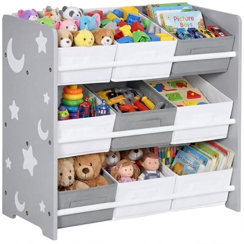Image of ZONEKIZ Kids Storage Unit Toy Box Organiser Bookshelf w/Nine Removable Baskets, for Bedroom, Nursery, Playroom - Grey
