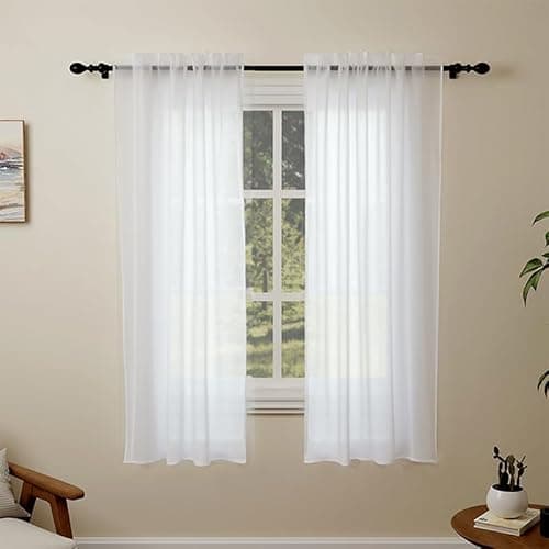 Image of Pacok White Voile Curtains, 72 Drop 2 Panel Net Curtain for Windows, Rod Pocket Sheer Curtain Panel Voile Curtains for Living Room Kitcken Bedroom W56xL72 Inch(White,142 x 183cm)