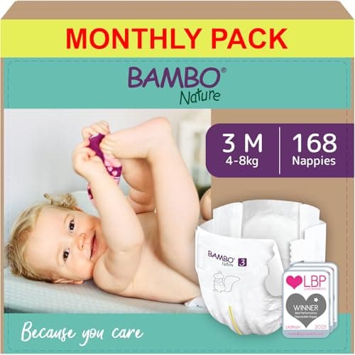 Image of Bambo Nature Premium Eco Nappies, Size 3 (9-18lb/4-8kg), Midi, 168PK, Eco-Labelled, Enhanced Leakage Protection, Secure & Comfortable Baby Nappy