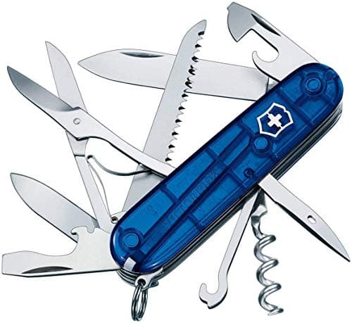 Image of Victorinox Huntsman Swiss Army Knife, Medium, Multi Tool, Camping Knife, 15 Functions, Large Blade, Bottle Opener, Blue Transparent