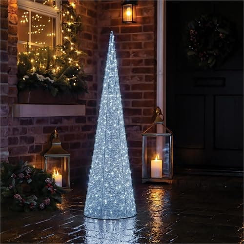 Image of Xmas Haus 120CM Festive Christmas Cone-Shaped LED Light Tower 300L White Micro LEDs, Shiny Silver Metal with PVC Strip, 5M Cable & IP20 Transformer Outdoor Holiday Decoration