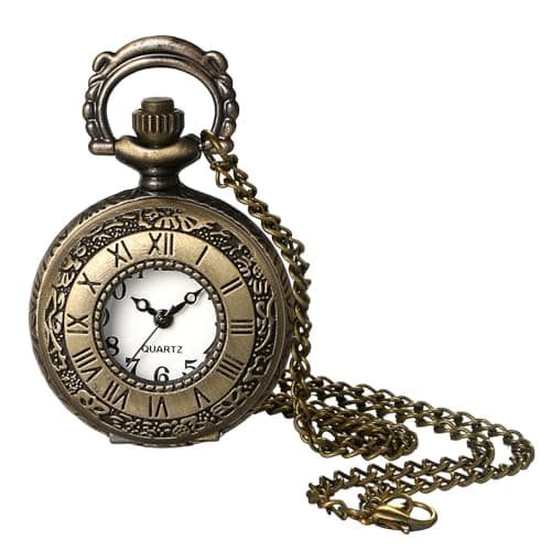 Image of JewelryWe Women's Vintage Pocket Watch - Small Roman Numeral Embossed Pendant Necklace Quartz Analog Fob Watches with 30.7 Inch Chain