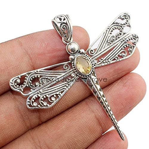 Image of 925 Sterling Silver Dragonfly Pendant for Women & Christmas Gift, 7x5MM Oval Cut Citrine Memorial Pendant without Golden Ball