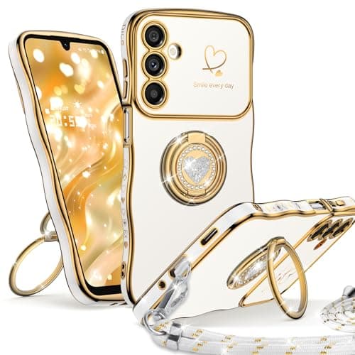 Image of Unlicaku for Samsung Galaxy A17 / A26 5G Case, Luxury Wave Heart Sparkle Diamond Dual Ring Holder Stand Cover with Detachable Lanyard Strap, Electroplated Cute Slim TPU Case for Women Girls - White