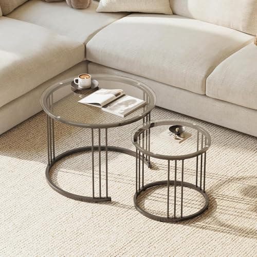 Image of Huhote Round Coffee Tables, Set of 2 End Table, Nesting Tables, Side Table with Metal Frame for Living Room/Bedroom/Balcony/Office/Apartment, Diameter 23.6/15.7 IN (Black with Clear Glass)