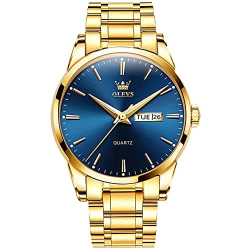 Image of OLEVS Gold Watches for Men Classic Blue Face Waterproof Easy to Read Dress Watch Men Big Dial Stainless Steel Band Analog Quartz Mens Watches Casual Simple Luminous Date Day Men's Watch