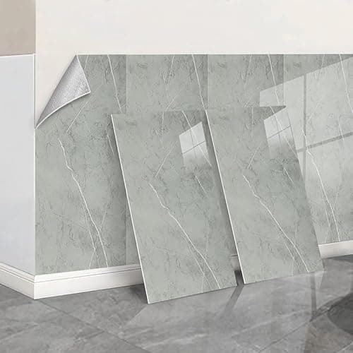 Image of Grey Marble Stick on Tiles Self Adhesive Wall Tiles for Kitchen Bathroom 60cmx30cm Peel and Stick Wall Tile Stickers Thicken Vinyl Waterproof for Kitchen Walls,10PCS=19sq.ft