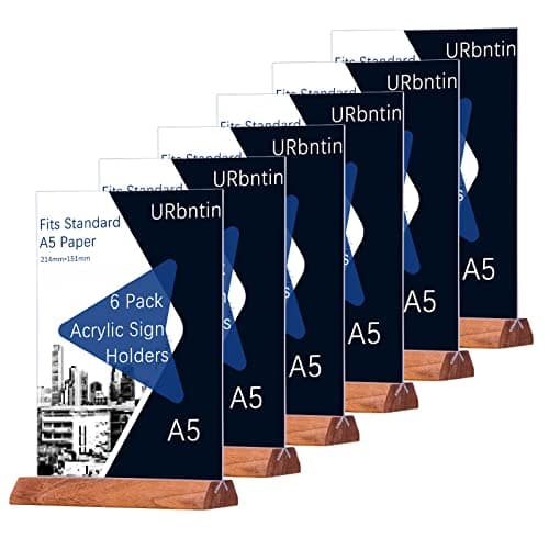 Image of URbantin A5 Acrylic Sign Holder,6 Pack T-Shape Wooden Base Menu Holders,Plastic Display Stands Double Sided Poster Holder for Restaurant