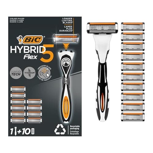 Image of BIC Hybrid 5 Flex Refillable Men's Razor, 1 Weighted Handle and 10 Nano-Tech Titanium 5-Blade Refills with Precision Blade - Bundle of 1+10