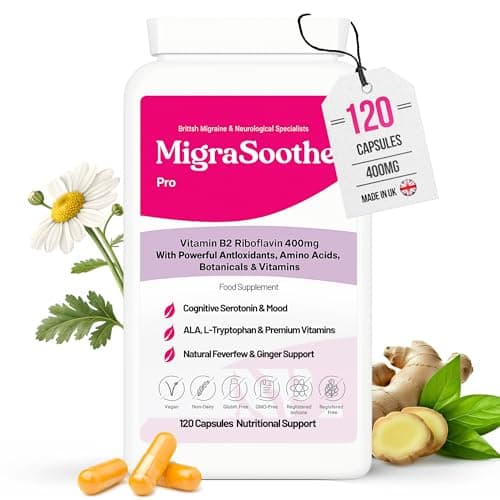 Image of MigraSoothe Pro Version B2 Riboflavin 400 Mg & Migraine Relief Tryptophan, ALA Feverfew Ginger B6, B12 Folic | Tremors | Mood | Energy NHS Recommended UK