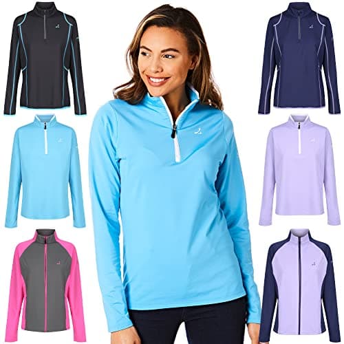 Image of Under Par UPLTOP1686 Womens Zip Neck Sweater Jumper Breathable Moisture Wicking Ladies Golf Mid Layer Top, Ulptop1686 - Summer Blue/White, 16 UK