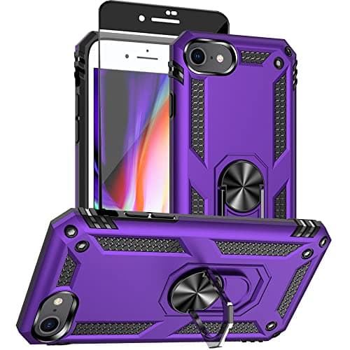 Image of Aozuoton iPhone SE 2022/2020, 8/7 Case With HD Screen Protector - Military Grade 16ft. Drop Tested Ring Shockproof Protective Phone Cover, Purple