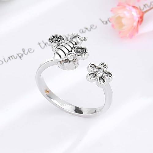 Image of XRCXBLSC Fashion Adjustbale Sterling Silver Bee Open Ring, Trendy Tiny Daisy Flower Silver Rings, Zircon Diamonds Sterling Silver Engagement Wedding Flower Spinner Band Ring for Women Style 1