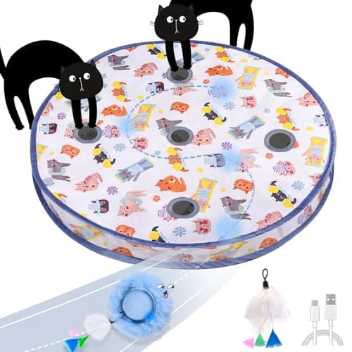 Image of GoldenSun Cat Toys, Interactive Cat Toy for Indoor Cats, Automatic Random Rolling Ball Kitten Toys in Pouch, Hide and Seek for Indoor Cats Adult, USB Rechargeable, 5 Holes Mat Mouse Catching Game