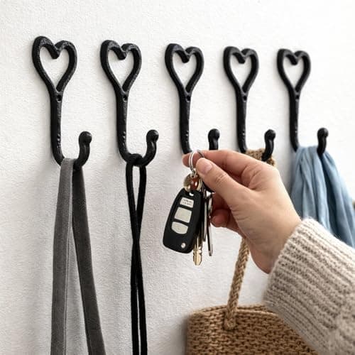 Image of Homezone 5 Pack Heart Shaped Cast Iron Wall Hooks – 12cm Heavy Duty Black Decorative Wall Mounted Coat Hooks for Keys, Bags, Towels – Rustic Vintage Farmhouse Entryway Hallway Storage
