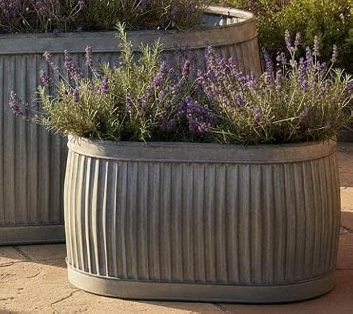 Image of My Square Mile Vintage Galvanised Metal Oval Dolly Planter, Zinc Finish Garden Trough, Available in 3 Sizes, Outdoor Flower Pot (Small 38cms)