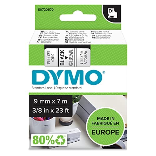 Image of DYMO Authentic D1 Labels | Black Print on Clear Tape | 9 mm x 7 m | Self-Adhesive Labels for LabelManager Label Makers | Made in Europe