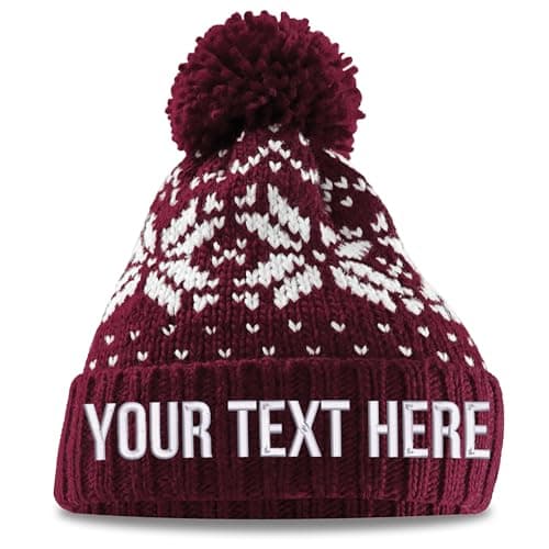 Image of Personalised Fair Isle Christmas Knit Pom Pom Beanie Custom Text Embroidery Bobble Hat Xmas Theme Pattern Winter Men Women, One Size, Burgundy/White