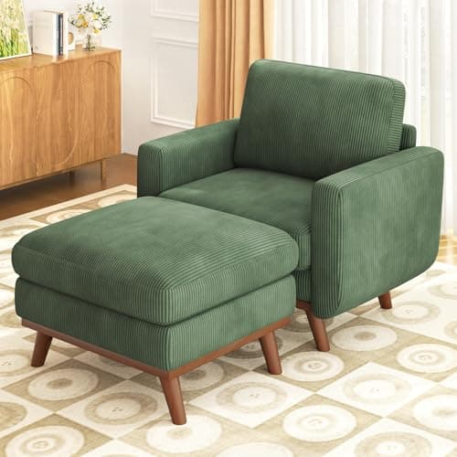Image of Vesgantti Accent Chair with Movable Ottoman, Comfy Corduroy Armchair with Spring Cushion, Reading Chair with Ottoman, Modern Single Sofa for Living Room, Bedroom and Apartment, Green