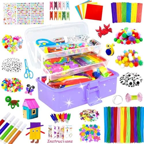 Image of 3000 Arts and Crafts Supplies for Kids Craft Kit All in 3 Layered Craft Box with Pipe Cleaners Crafts for Kids Age 4-6, 6-8, 8-12 DIY School Supplies Materials Set Toys Gifts for Girls Boys, Purple