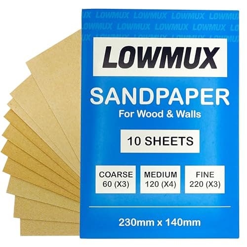 Image of Pack of 10 Premium Assorted Sandpaper Sheets | Mixed Grit Sand Paper Set | 3 × P60 Coarse Grit | 4 × P120 Medium Grit | 3 × P220 Fine Grit | Perfect for Wood, Walls & DIY Projects