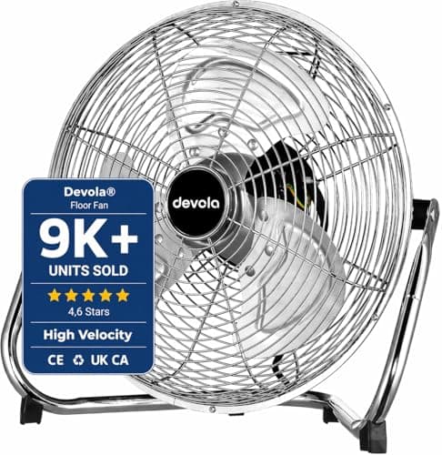 Image of Devola High Velocity Floor Fan 20 Inch, Portable Powerful Industrial Fan for Home, Gym, Office & Warehouse, High Powered Cooling, 3 Speeds, Adjustable Head, Cord Storage Bracket, Chrome, DV20FFC