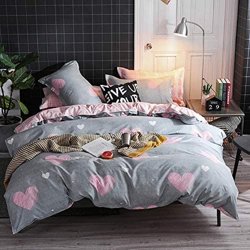 Image of Lanqinglv Duvet Cover Set King Size Girls Pink Grey Heart Patterned Reversible Bedding Set Microfiber Hypoallergenic Quilt Cover Zipper Closure and 2 Pillowcases 50x75cm