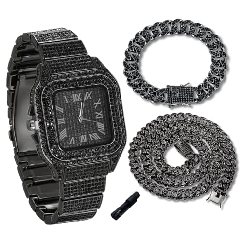 Image of genkigold Gold Diamond Watch for Teen Boys - 40mm Roman Numerals Square Dial - Rhodium Black Plated 18.5cm Strap - Includes Adjuster Tool, Paired with Cuban Chains 18cm+40cm