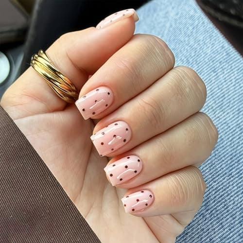 Image of Auroriel 24 Pieces Nude Short Square Press-On Nails Brown Dot Design Reusable Artificial Nails Glossy Acrylic Glue Nails for Elegant Women