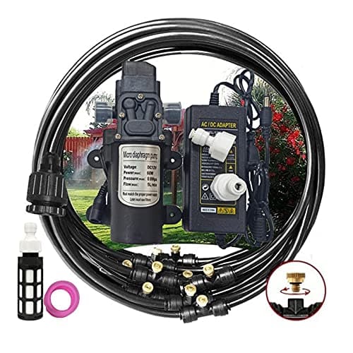 Image of Misting Cooling System Mister Kit with 12V Pump, DIY Outdoor Mist Irrigation Cooling System with 3/4”Adapter and Brass Mist Nozzle, Water Mister for Outdoor Patio Garden Umbrellas Greenhouse