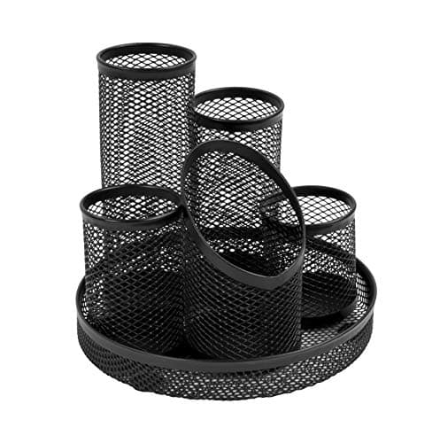 Image of Osco Wiremesh 5 Tube Pen Pot Desk Tidy, Stationery Organiser for Pens, Pencils, Scissors, Makeup Brushes & Accessories, Compact Office & Home Desk Storage, Black, 15.2×15.2×14 cm
