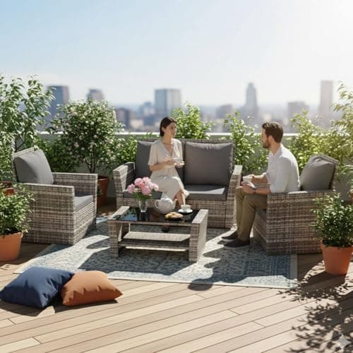 Image of BIRCHTREE PE Rattan Garden Furniture Set Sofa Armchair Glass Coffee Table 4 Seater Cushion Outdoor Patio Conservatory RFS02 Grey