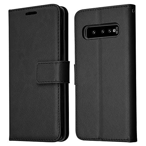 Image of TECHGEAR Galaxy S10 Plus Leather Wallet Case, Flip Protective Case Cover with Card Slots, Kickstand and Wrist Strap - Black PU Leather Designed For Samsung Galaxy S10 Plus