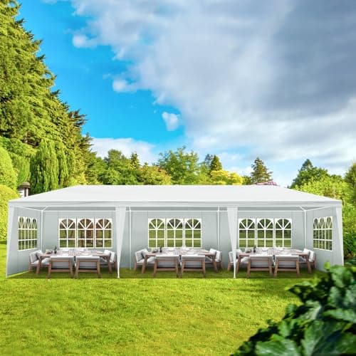 Image of Outopee 3 x 9m Party Tent Gazebo with Sidewall & Windows, Outdoor Gazebo Marquee Garden Wedding Party Tent Waterproof Patio Canopy for Sun Rain Shelter, White(8 Side)