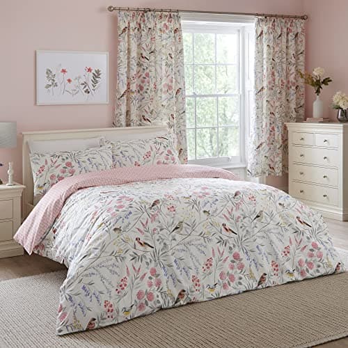 Image of Dreams & Drapes - Pink Floral & Bird Duvet Cover - Super King Bedding Size (260 x 220cm) - Reversible (2 Designs) - 3 Pieces - Vintage Floral Bedding in Pink - Spring Garden Flower Duvet Cover