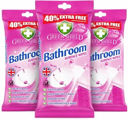 Image of Green Shield Bathroom Surface Wipes, Multi-Surface, Powerful Formula, Ready-to-Use, Quick Cleaning, Easy Storage, Durable Textured, Ideal for Sinks, Tiles, Taps, Toilets & Shower Areas (Pack of 3)