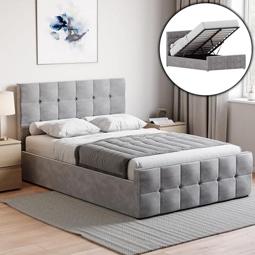 Image of Vida Designs Valentina Double Ottoman Storage Bed Frame – Light Grey Velvet – Lift-Up Storage Design – 106H x 147W x 207D cm – Gas Lift Mechanism – UKFR Certified